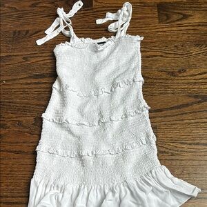 KatieJNYC White Ruffled Sleeveless Dress runs small